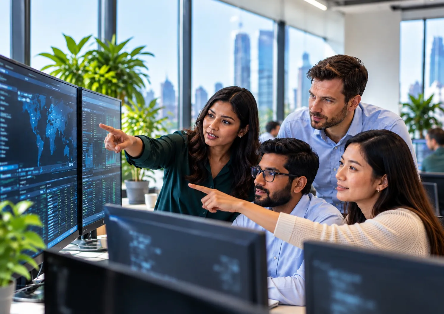 Three colleagues pointing at data on large monitors in a bright open-plan office