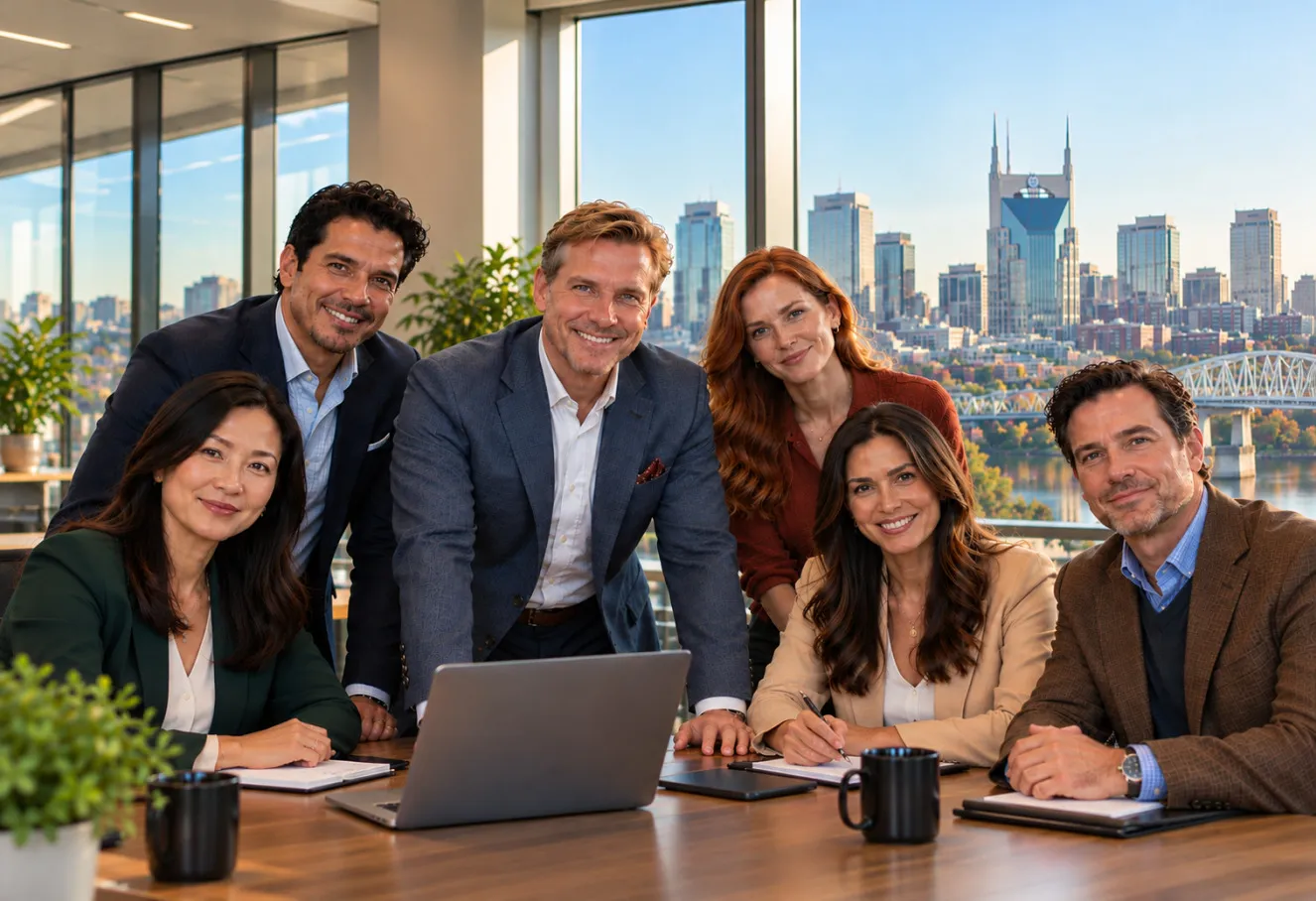 A team around a conference table, with the Nashville skyline in the window behind